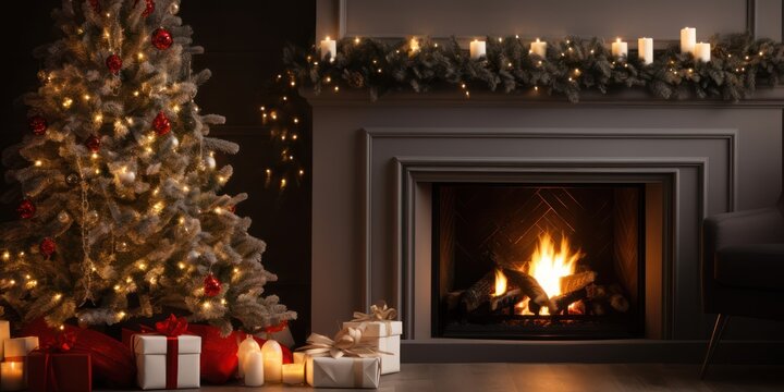 A cozy, dimly lit living room with a Christmas tree and a fireplace, decorated with candles and ornaments.