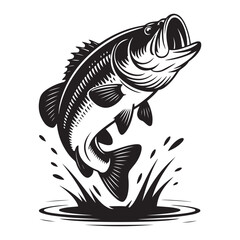 Striking illustration of a large mouth bass leaping up, Vector black silhouette. with white background