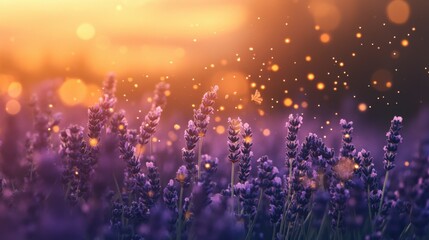 Radiant lavender field bathed in golden sunlight.