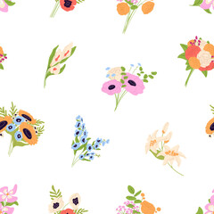 Repeatable pattern of different flower bouquets. Endless background with bunches of wildflower cut branches, cute posies of bloom meadow or garden plants with leaves. Flat seamless vector illustration