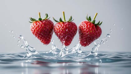 Three Strawberries Splashed into Clean Water