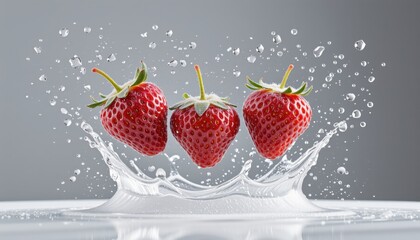 Three Strawberries Splashed into Clean Water