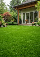 Fototapeta premium Photo: Lush Green Lawn in Front of Suburban House
