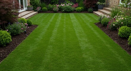 Fototapeta premium Photo: Lush Green Mowed Lawn with Stripes in a Landscaped Garden