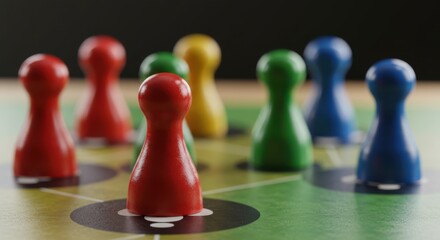 Colorful game pieces on board representing competition and strategy, with focus on red piece