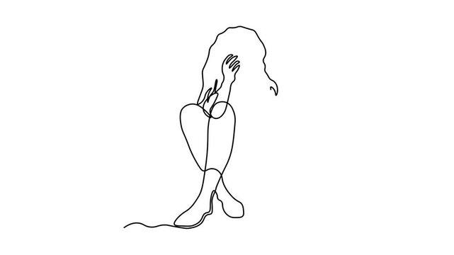 Abstract girl,woman crying, covering her face with her hands, victim of violence, abuse, Self drawing animation one continuous line draw, logo