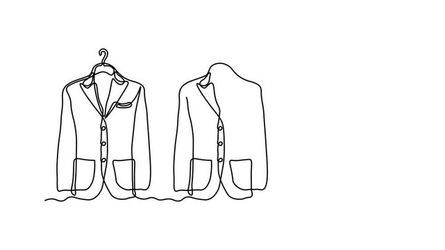 Abstract wardrobe, men's formal suit, jacket hanging on a hanger, Self drawing animation one continuous line draw, logo