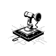 Monochrome illustration presenting a vintage candlestick telephone rendering on digital grid