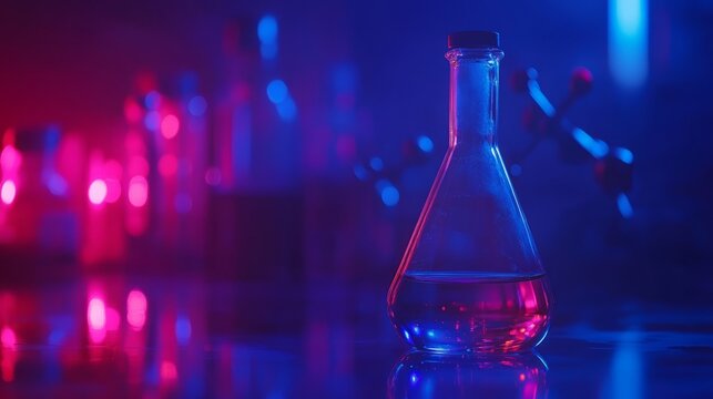 Blue and red glass flasks and vials with chemical structure overlay in a research laboratory setting, medical science and technology background featuring molecular formulas and scientific innovation