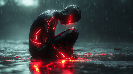 Dramatic lightning strike on a kneeling figure in rain, glowing energy outlining the shape 