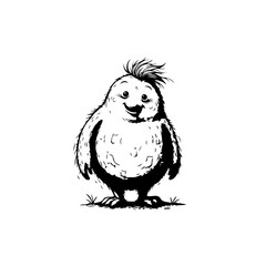 Whimsical penguin character with expressive features, created in black and white ink