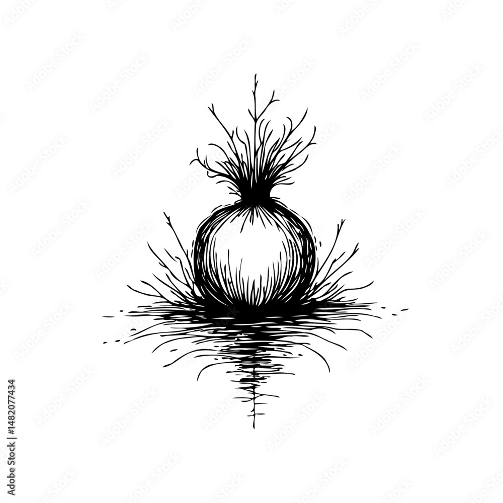 Poster ink drawing of sphere with branches reflecting on a rippled surface isolated
