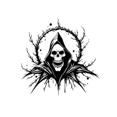 Monochrome Death Figure Emanating Sinister Aura within a Barbed Circle Frame