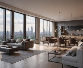 Modern apartment, panoramic city view, luxury condo, condo, sunrise, window