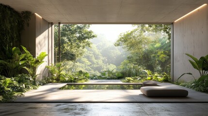 Fototapeta premium Minimalist indoor pool room with lush greenery and natural lighting