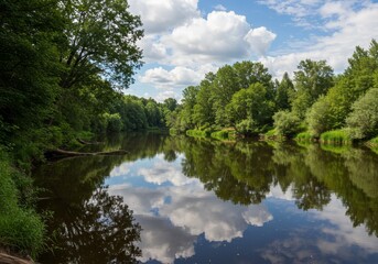 Photo: Serene River Reflecting Clouds and Lush Trees