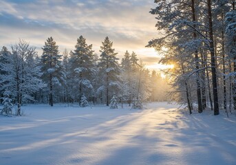 Naklejka premium Photo: Snowy Pine Forest Sunrise Winter Landscape