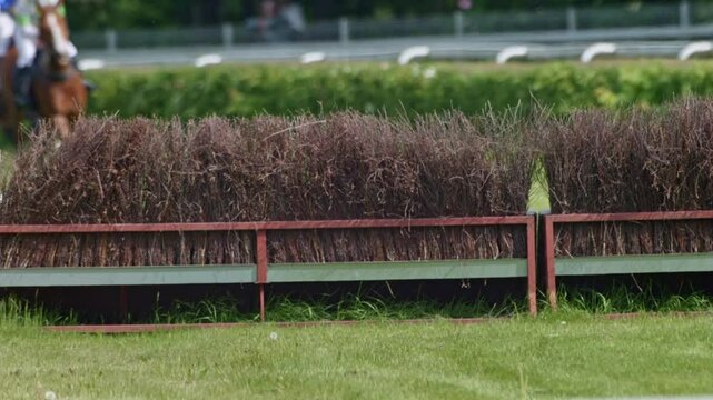 Super slow motion recording of horses leaping over obstacles on a grassy racetrack, capturing detailed textures of movement and dirt.