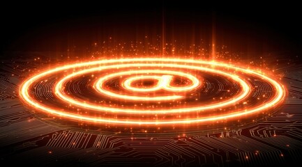 Obraz premium Glowing orange at symbol (@) on a digital circuit board, symbolizing email, technology, and digital communication.