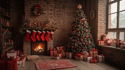 Cozy christmas living room with decorated tree and stockings by the fireplace