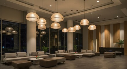 Lobby interior showcasing hospitality and comfort with hanging wicker lamps and neutral sofas