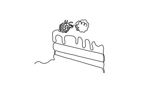 Dessert sweet piece of cake with raspberries, sweetness, Self drawing animation one continuous line draw, logo