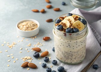Healthy overnight oats in a mason jar with fresh toppings. Ideal for diet food, meal prep, and organic breakfast content.