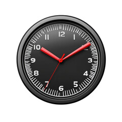 Sleek black clock red hands precise time dark background minimalist design on transparent background