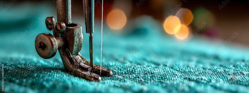 Poster close-up macro studio shot of a twin needle attached to a sewing machine, ready to create two parall