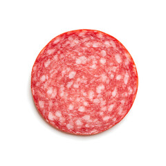 Round slice of salami top view isolated on white background	