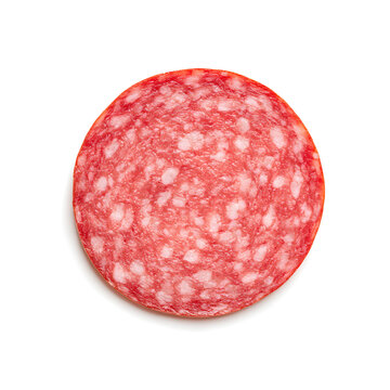 Round slice of salami top view isolated on white background	