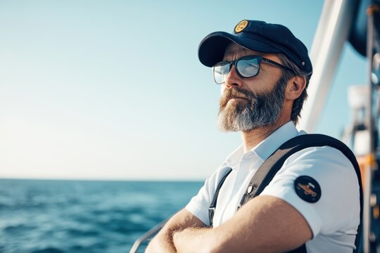 Confident professional mariner standing on a large vessel gazing at open sea under clear skies with a beautiful horizon