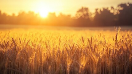 Fototapeta premium Golden wheat field bathed in sunrise light.