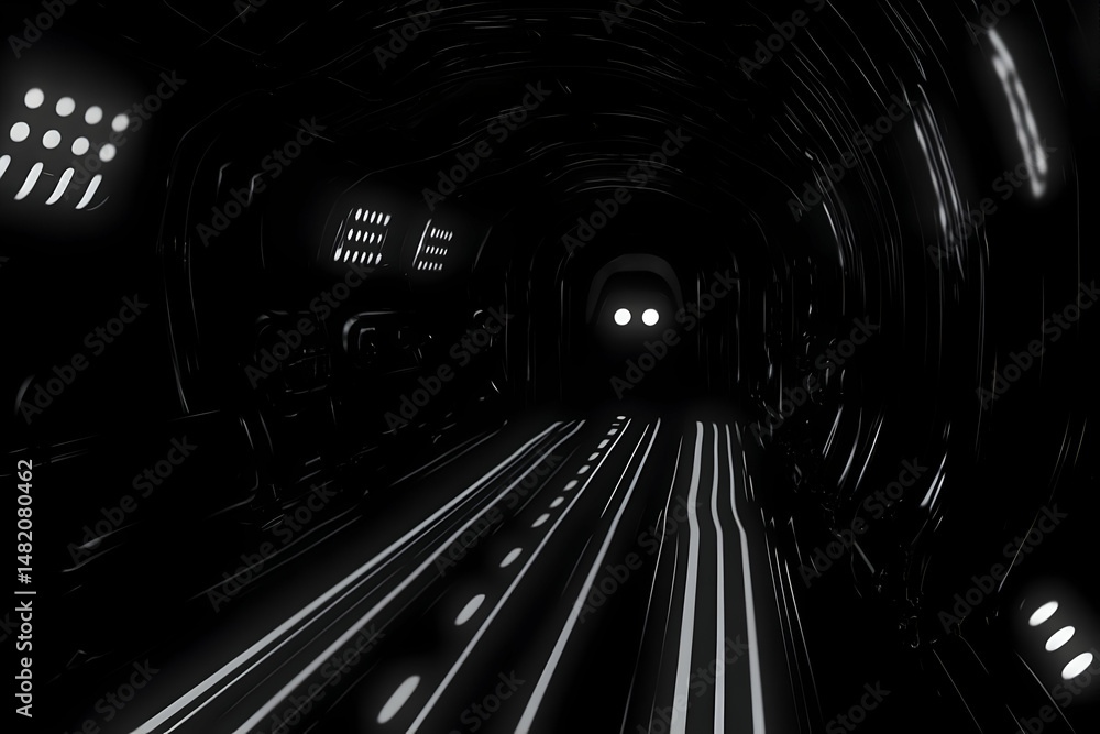 Poster monochromatic image of a futuristic tunnel with glowing lines and lights, suggesting a journey throu