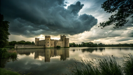 Caernarfon Castle in Wales, taken during a dramatic sunset with dark, cloud-filled sky. The stone fortress is reflected in a calm lake, surrounded by lush greenery