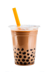 Chocolate bubble tea in plastic cup with straw isolated on white background
