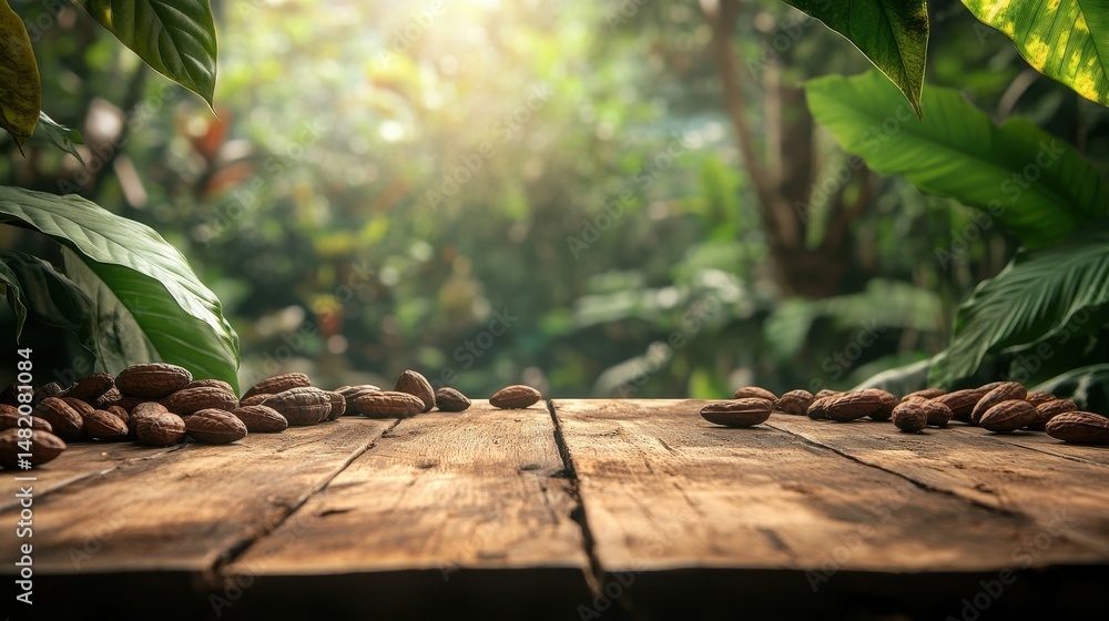 Poster wooden table surface with cocoa beans against a jungle backdrop. use as a background for organic foo