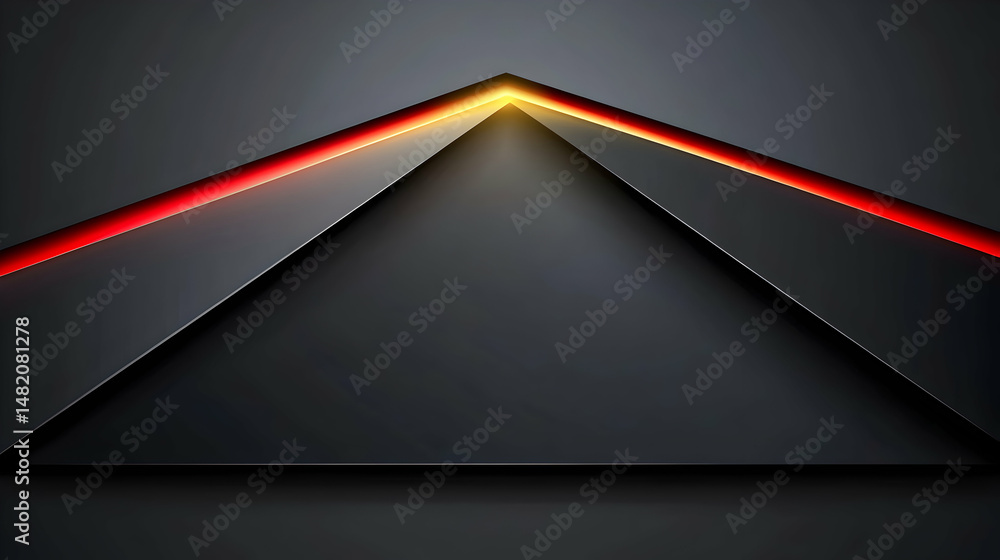 Poster abstract dark grey background with red and orange glowing lines forming a triangular shape, perfect 