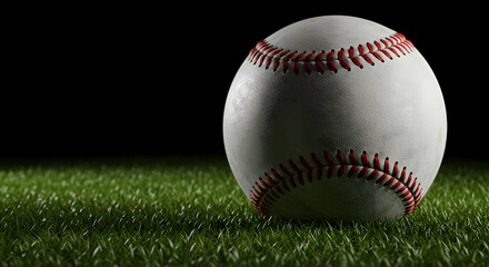 Close Up Baseball with Red Stitching on Green Grass Against Dark Background in Studio Setting