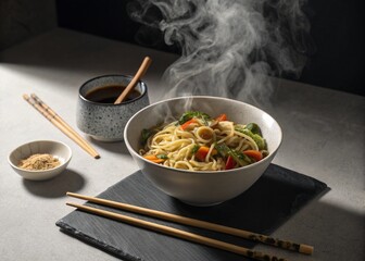 A comforting bowl of noodles with steam and chopsticks in a photorealistic style. Ideal for Asian food themes and packaging design.