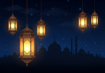 Fototapeta premium Ornate lanterns illuminate a mosque silhouette against a starry