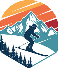 Ski Resort Emblem with Skier and Mountains
