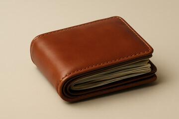 Brown leather wallet filled with cash resting on a neutral beige surface in a minimal composition