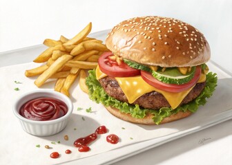 Delicious cheeseburger with fries in a top-view illustration. Ideal for fast food promotions and menu designs.
