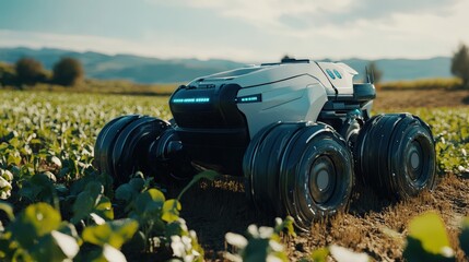 Futuristic vehicle traversing a vibrant agricultural field.