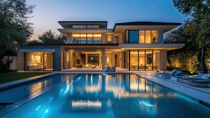 Obraz premium A luxury house with a swimming pool illuminated at night.