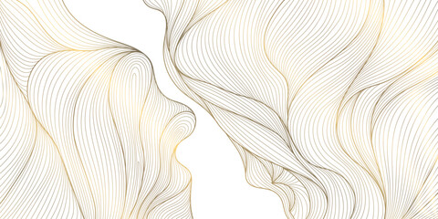 Vector golden line wave on white background. Abstract premium luxury elegant illustration, wavy Japanese ornament, flow water, ocean, organic shape pattern