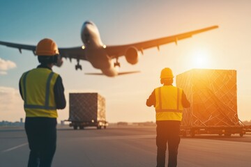 Logistics staff in safety gear on runway near air cargo crates on an airport tarmac with an airplane flying at sunset, illustrating air transportation and global freight. Logistic industrial concept.