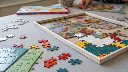 Naklejka premium Flat lay of colorful puzzle pieces and board game cards scattered on rustic wooden table