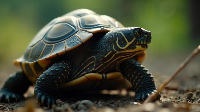 Turtle moving across a sandy path in a lush natural environment during daylight hours